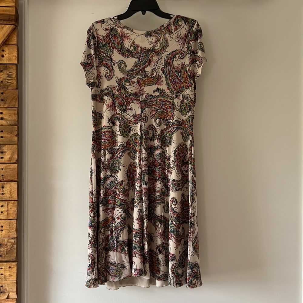 RELATIVELY short sleeve dress, tan with multi colored design - Picture 2 of 5